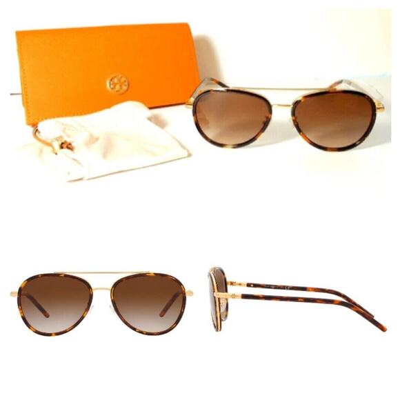 Tory Burch Eleanor Pilot Aviator Tortoise Gold Sunglasses New Authentic TY6078 - Picture 1 of 7